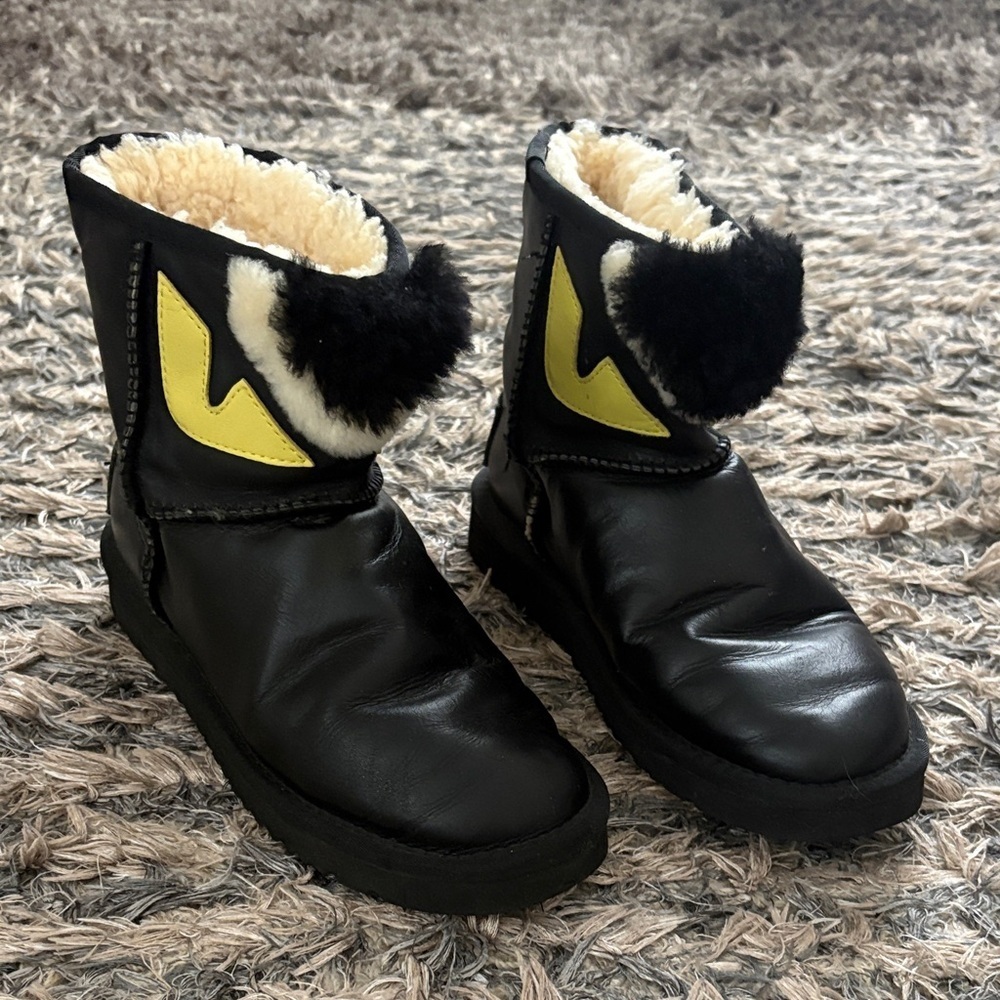 Fendi x Ugg Collabration Black Leather and Shearling Boots, Monster Logo, 35.5